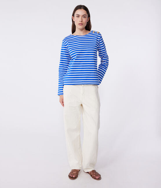 Marinière a maniche lunghe in cotone donna blu PERSE/bianco MARSHMALLOW