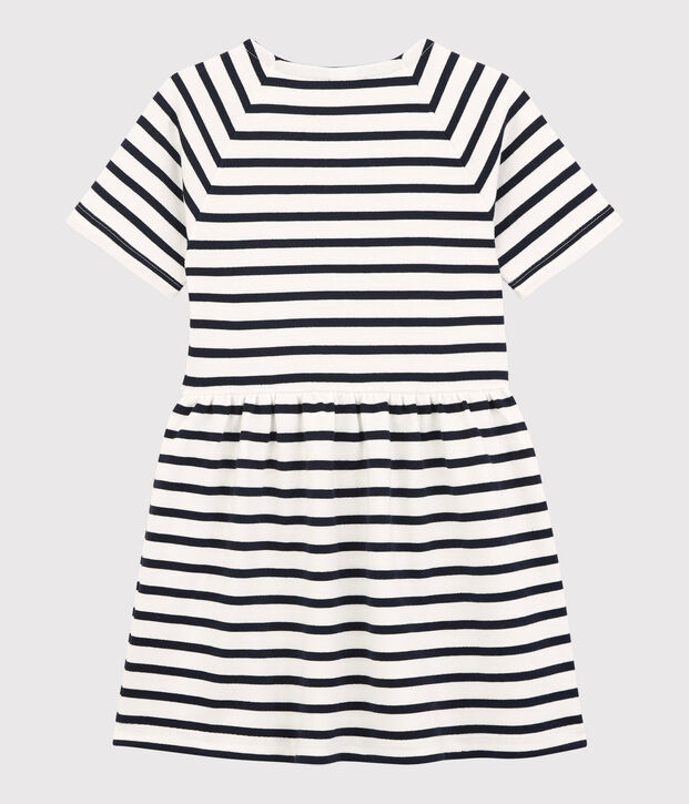 Abito bambina a maniche corte in cotone bianco/blu