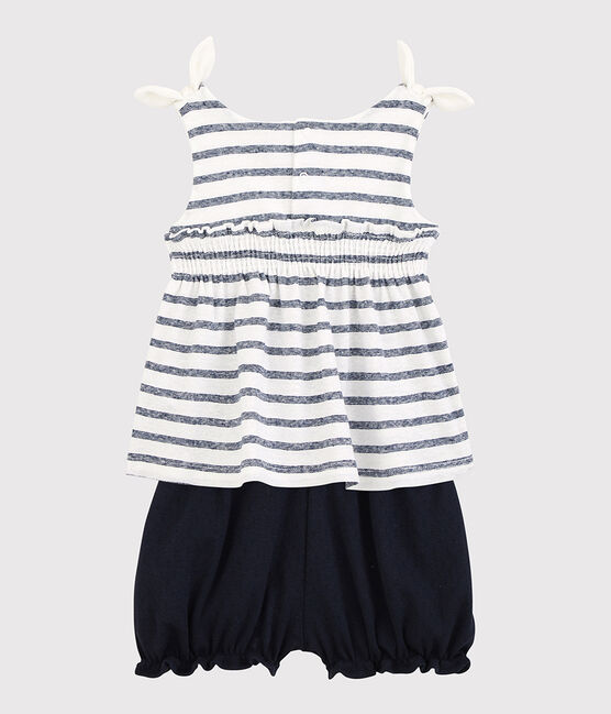 Insieme blusa + bloomer in cotone/lino bebè femmina bianco MARSHMALLOW/blu MEDIEVAL