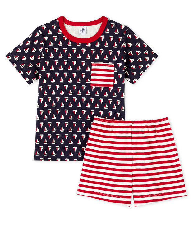 Pigiama corto bambino a costine blu/multicolore