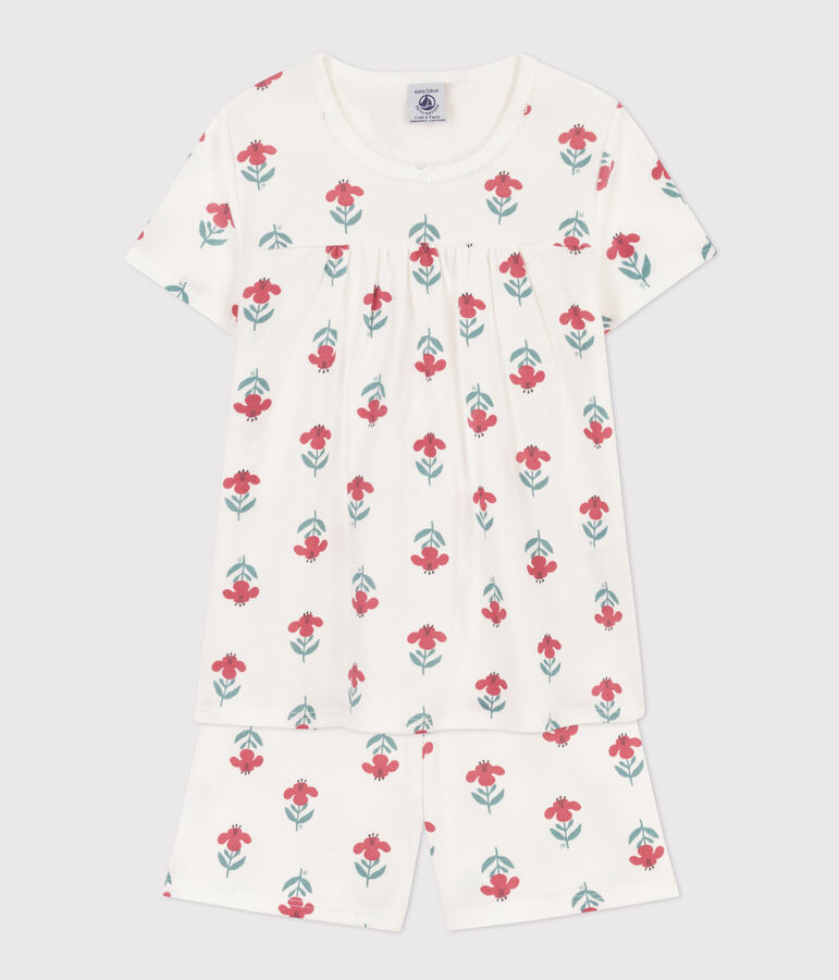 Pigiama corto bambina in cotone a fiori con corona bianco/multicolore