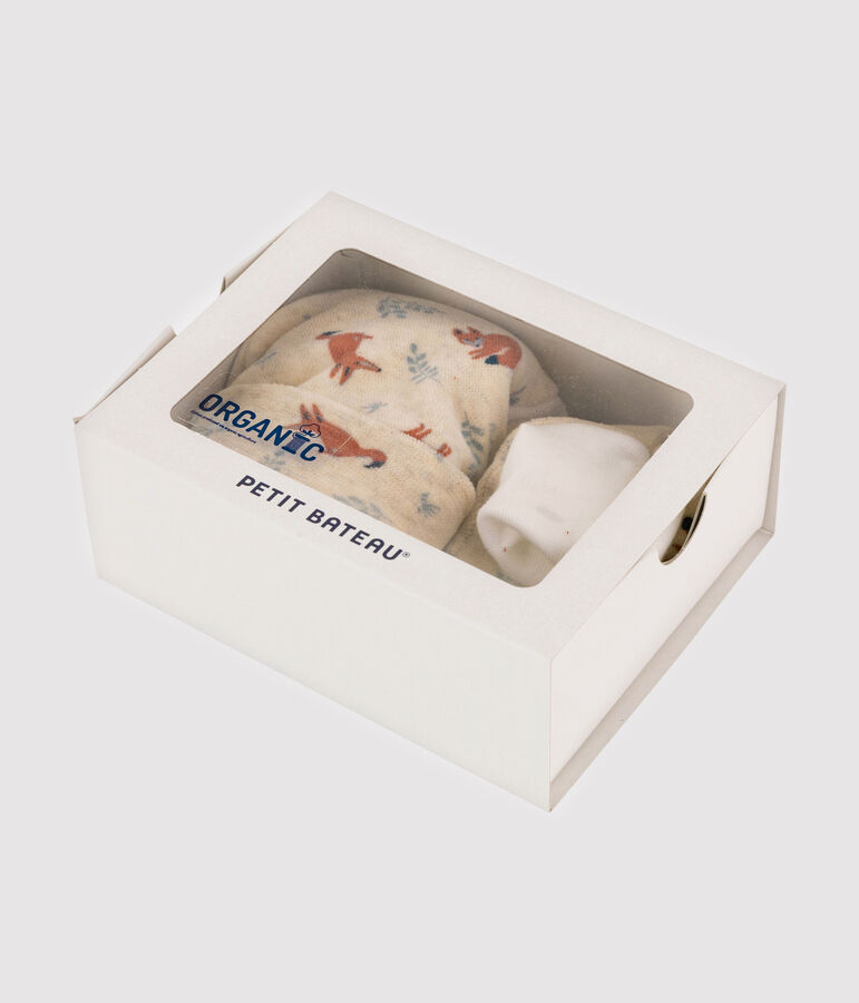 Confezione cappellino nascita e babbucce da neonato motivo volpe in velluto beige MONTELIMAR/bianco MULTICO