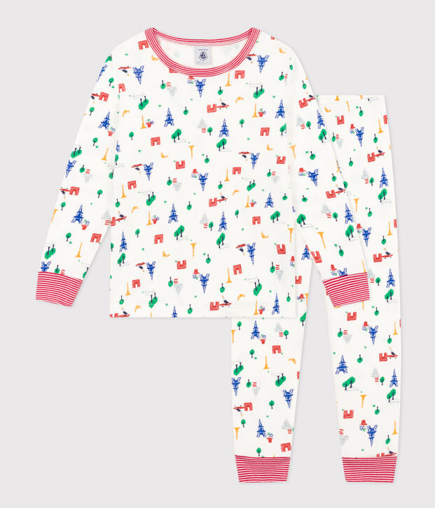 Pigiama bambino fantasia Parigi in cotone bianco/blu/multicolore