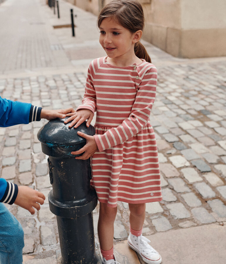 Abito a maniche lunghe in cotone spesso bambina rosa/ecru