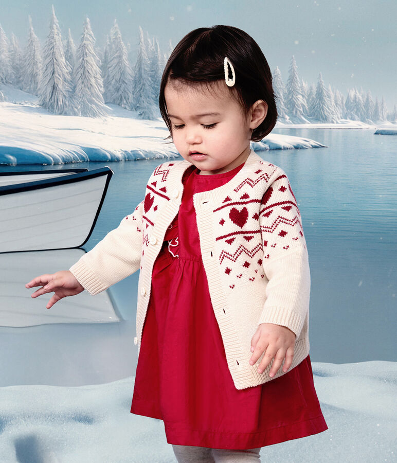 Cardigan in maglia di misto lana e cotone con motivo a cuori neonata ecru/rosso