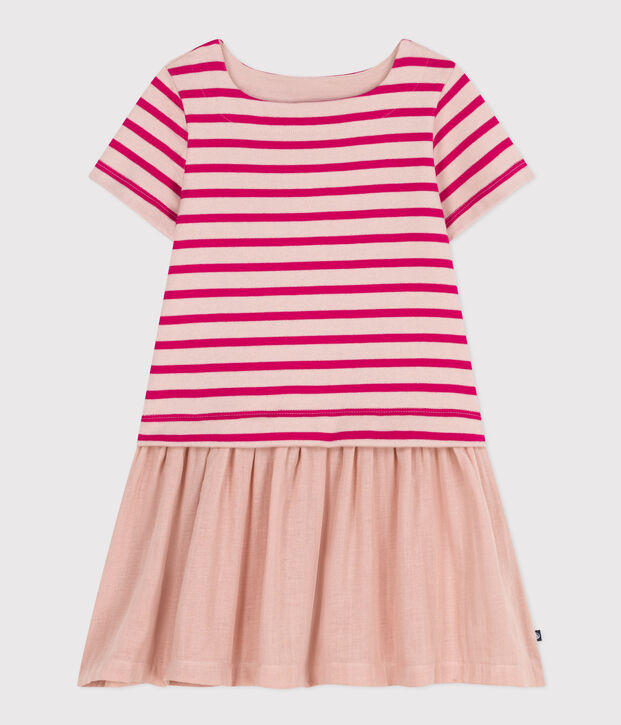 Abito a maniche corte in jersey spesso e garza di cotone bambina rosa/rosa