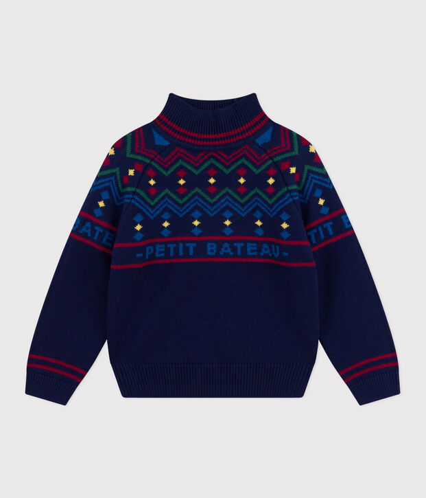 Pullover a collo alto in misto lana e cotone fantasia bambino blu/multicolore