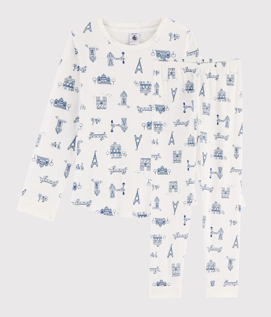 Pigiama bambino fantasia Parigi a costine bianco MARSHMALLOW/blu MAJOR