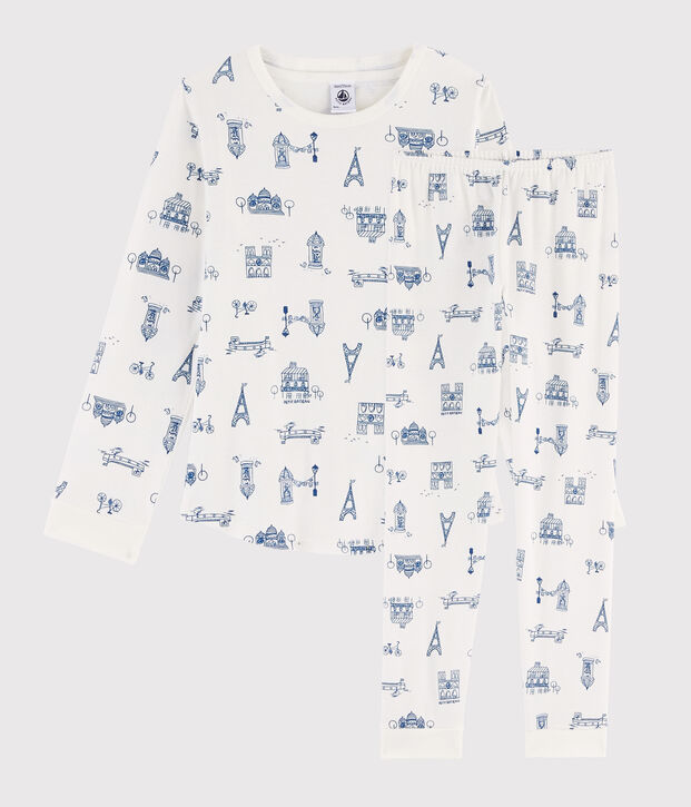 Pigiama bambino fantasia Parigi a costine bianco/blu