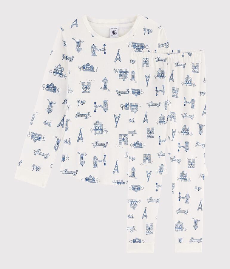 Pigiama bambino fantasia Parigi a costine bianco/blu