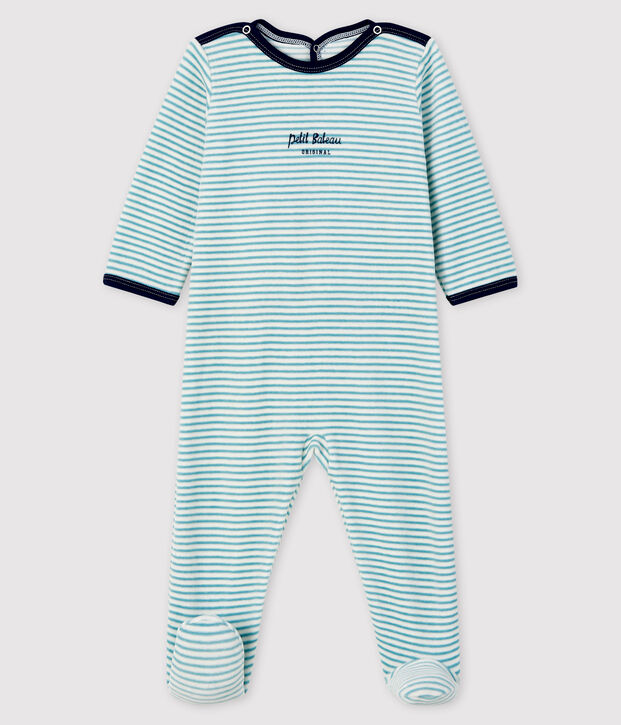 Tutina a righe beb&eacute; in ciniglia bianco/blu