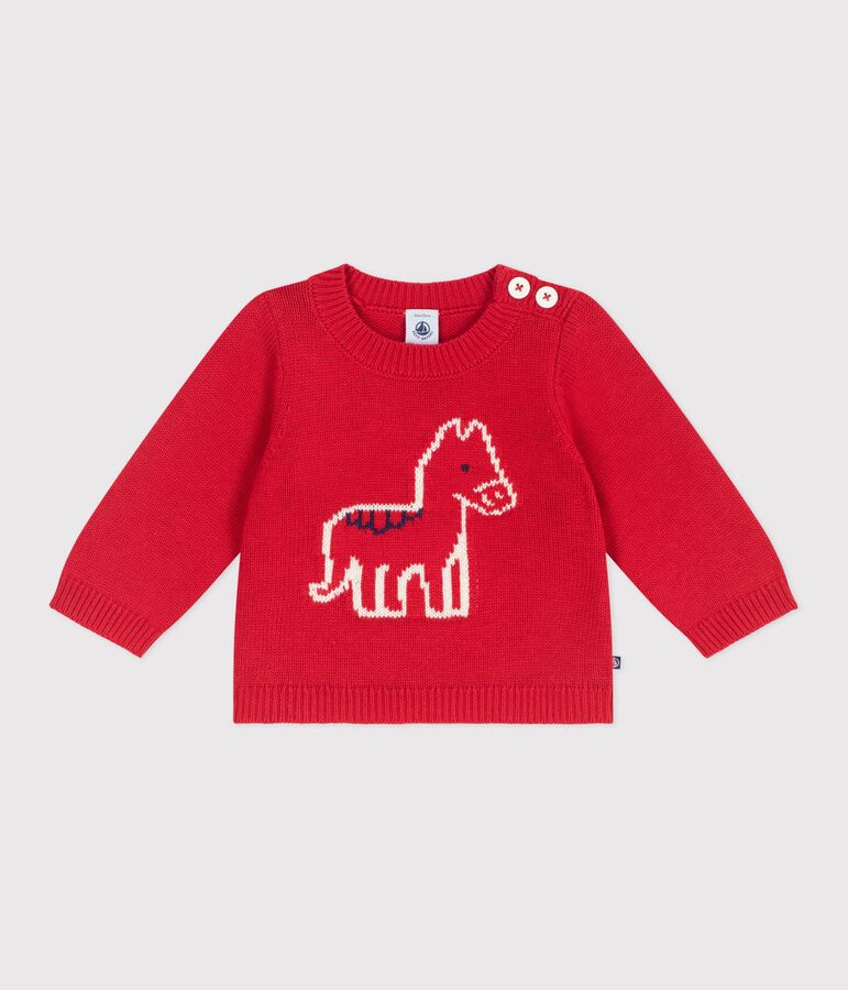 Pullover in maglia di misto lana e cotone con cavallo stampato neonato rosso/ecru