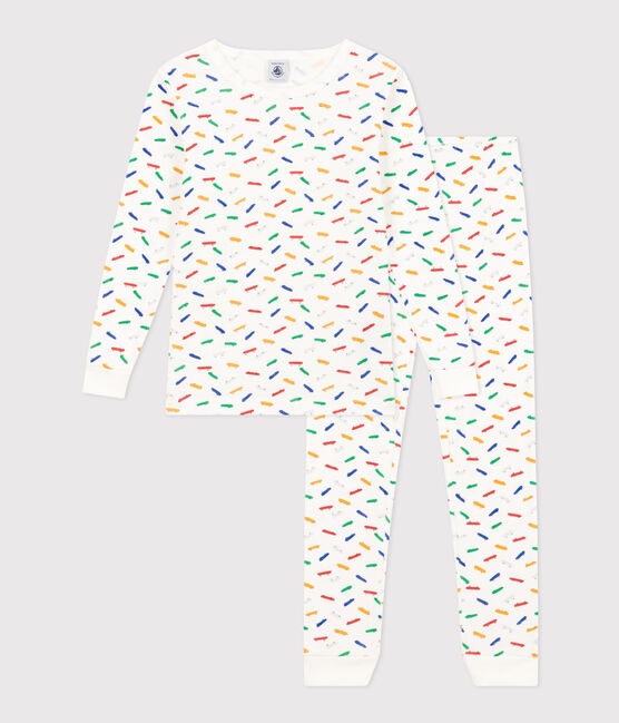 Pigiama aderente bambino in cotone con stampa skateboard bianco MARSHMALLOW/bianco MULTICO