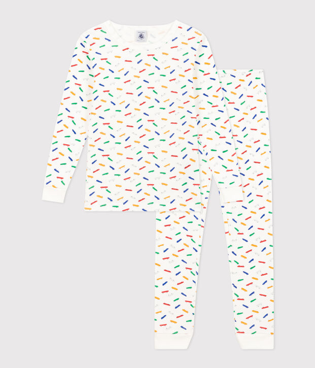 Pigiama aderente bambino in cotone con stampa skateboard bianco/multicolore