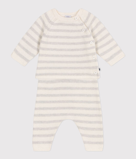 Completo 2 pezzi in maglia di lana e cotone neonato bianco MARSHMALLOW/ MONTELIMAR