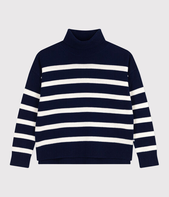 Maglione a collo alto in misto lana e cotone a righe donna blu SOIR/ MARSHMALLOW