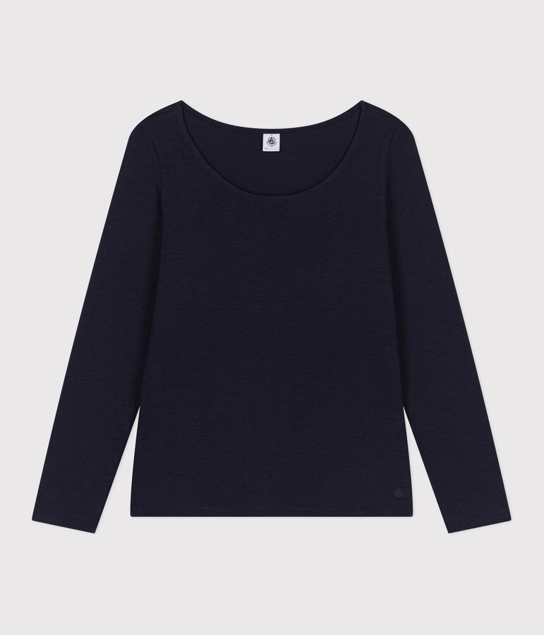 T-shirt Regular a maniche lunghe con scollo rotondo in jersey flamm&eacute; donna blu