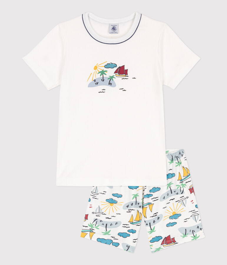 Pigiama corto esploratore in cotone bambino unisex bianco MARSHMALLOW/bianco MULTICO