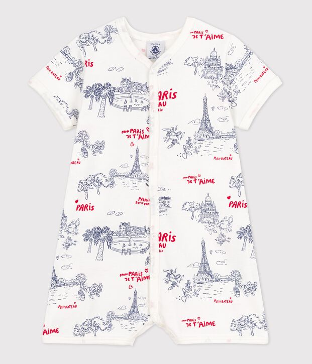 Tutina corta beb&egrave; in cotone Paris bianco/multicolore