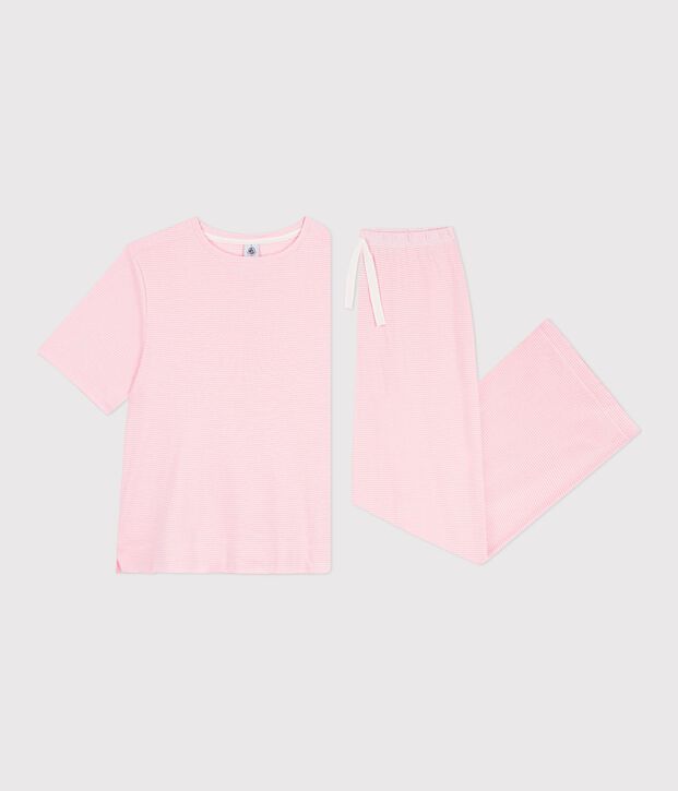 Pigiama in cotone a righe con gamba ampia donna rosa/bianco