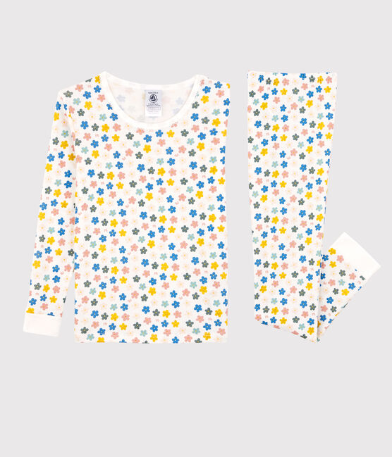 Pigiama snugfit a fiori fosforescenti effetto retrò bambina in cotone bianco MARSHMALLOW/bianco MULTICO