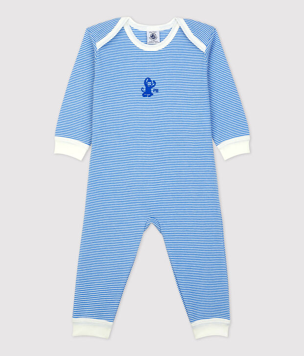 Tutina pigiama senza piedi beb&eacute; in cotone biologico blu/bianco