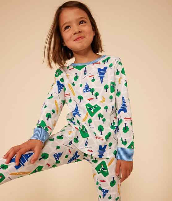 Pigiama bambino fantasia Parigi in cotone bianco MARSHMALLOW/bianco MULTICO