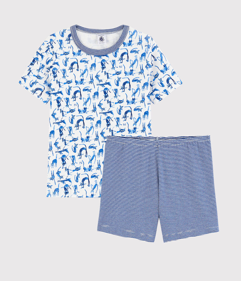 Pigiama corto fantasia gatto bambino in cotone bianco/multicolore