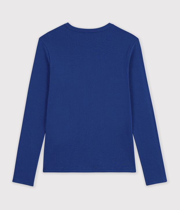 T-shirt a maniche lunghe in cotone tinta unita donna blu