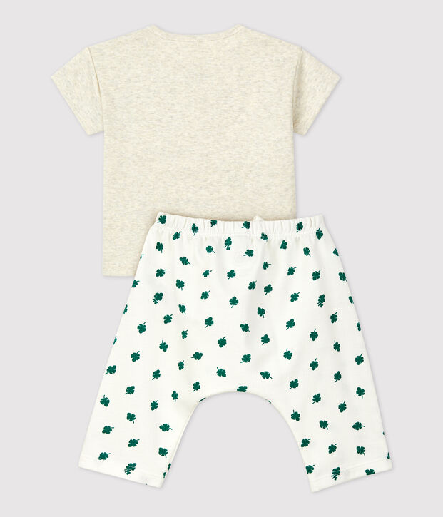 Completo 2 pezzi fantasia vegetale in tessuto felpato biologico beb&egrave; beige/multicolore