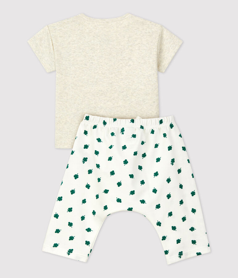 Completo 2 pezzi fantasia vegetale in tessuto felpato biologico beb&egrave; beige MONTELIMAR/bianco MULTICO