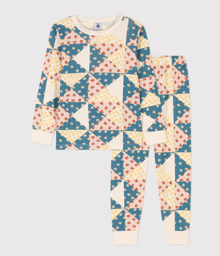 Pigiama patchwork bambina in cotone ecru/multicolore