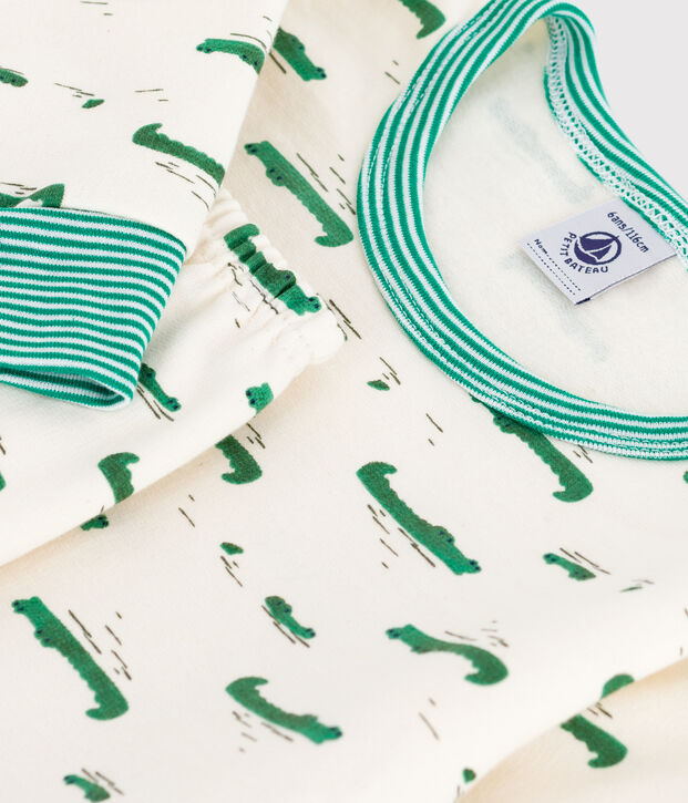 Pigiama bambino in tessuto felpato con coccodrilli stampati ecru/multicolore