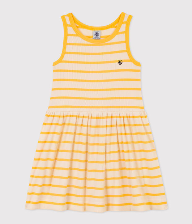 Abito smanicato in cotone bambina ecru/giallo