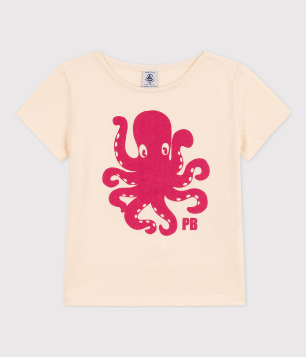 T-shirt bambina a maniche corte in tessuto fioccato ecru