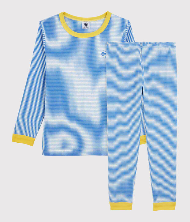 Pigiama bambina/bambino rigato millerighe in cotone biologico blu/bianco