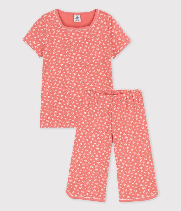 Pigiama a manica corta con fiori bambina in cotone biologico rosa/bianco