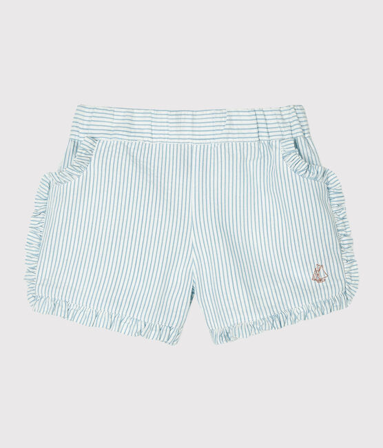 Short bebè femmina in seersucker (tessuto goffrato) bianco MARSHMALLOW/blu ACIER