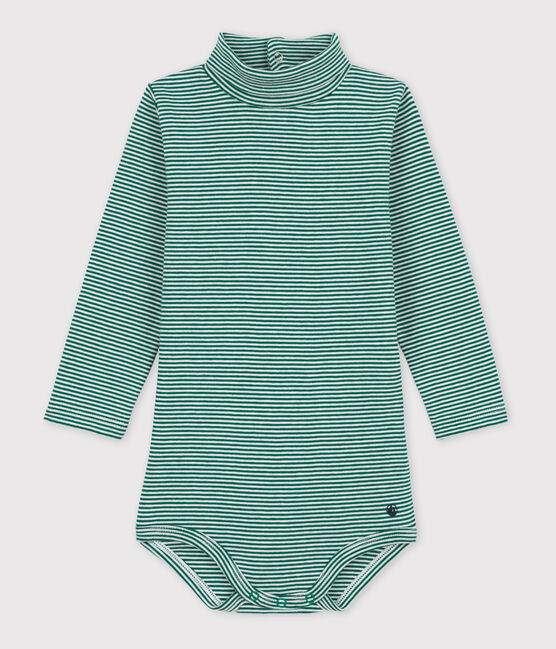 Body bebè a maniche lunghe in cotone a righe con collo dolcevita EVERGREEN/ MARSHMALLOW