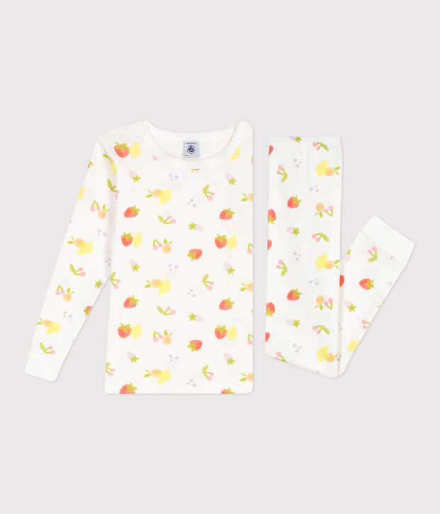 Pigiama molto aderente in cotone con stampa di frutti bambina bianco/multicolore