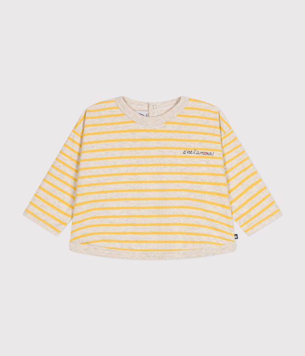 T-shirt beb&egrave; a maniche lunghe in tubique beige/giallo