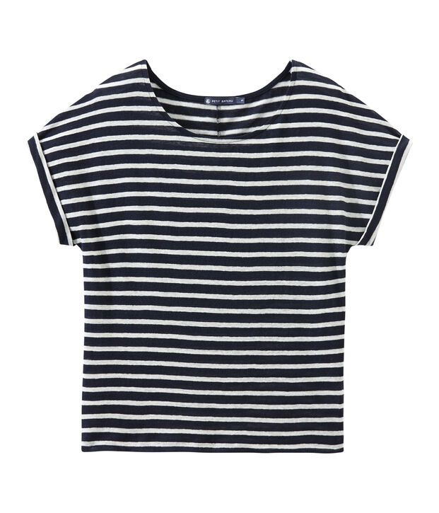 T-shirt donna in lino a righe blu/bianco