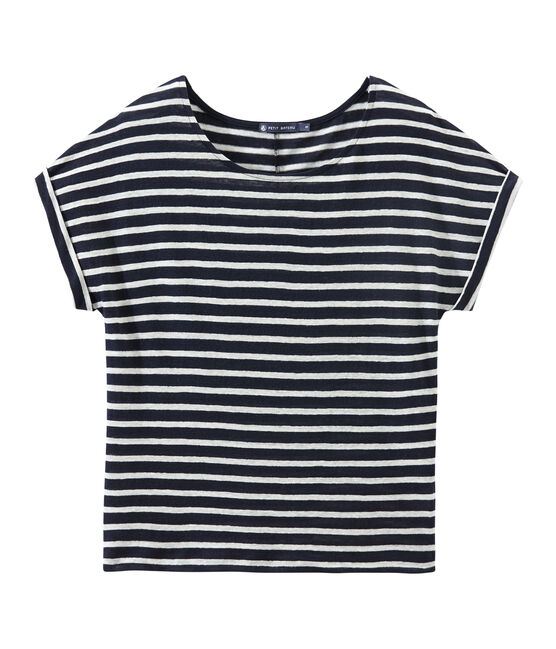 T-shirt donna in lino a righe blu SMOKING/bianco LAIT