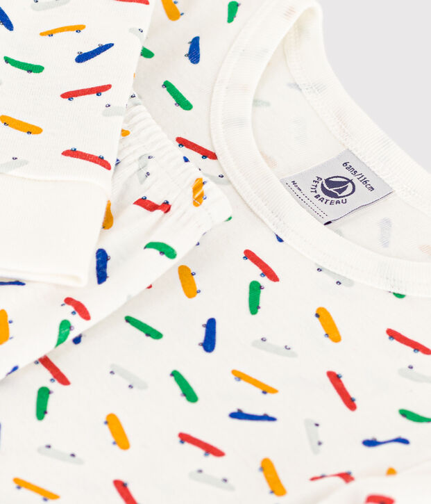Pigiama aderente bambino in cotone con stampa skateboard bianco/multicolore