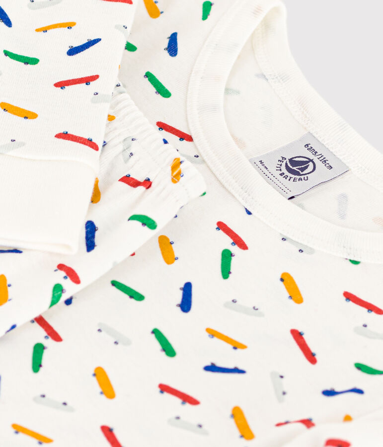 Pigiama aderente bambino in cotone con stampa skateboard bianco/multicolore