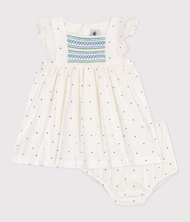 Abito bianco neonato in cotone e bloomer coordinato con stampa a pois bianco/multicolore