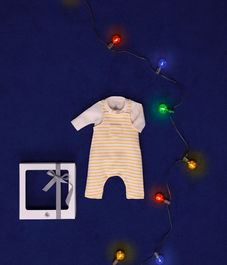 Set completo di salopette e body in cotone per neonato ecru/giallo