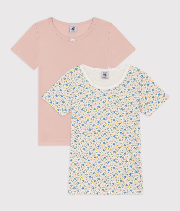 Confezione da 2 t-shirt bambina a maniche corte in cotone a fiori multicolore