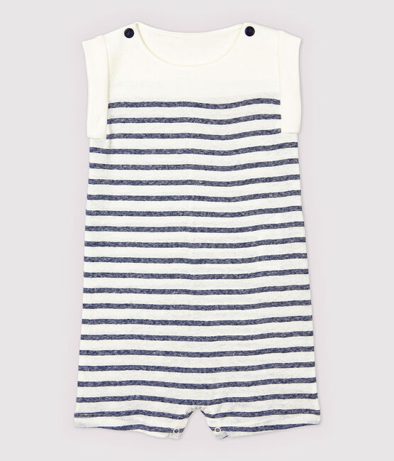 Tutina corta  in cotone/lino a righe bebè maschio bianco MARSHMALLOW/blu MEDIEVAL