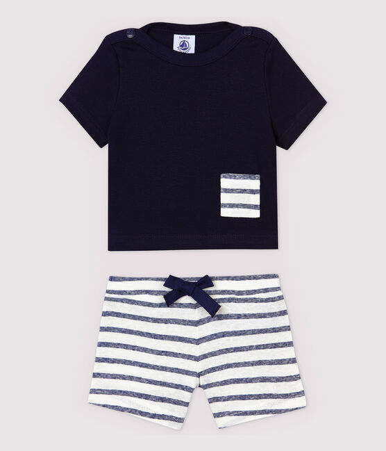 Insieme t-shirt/shorts in cotone lino bebè maschio blu SMOKING/bianco MARSHMALLOW
